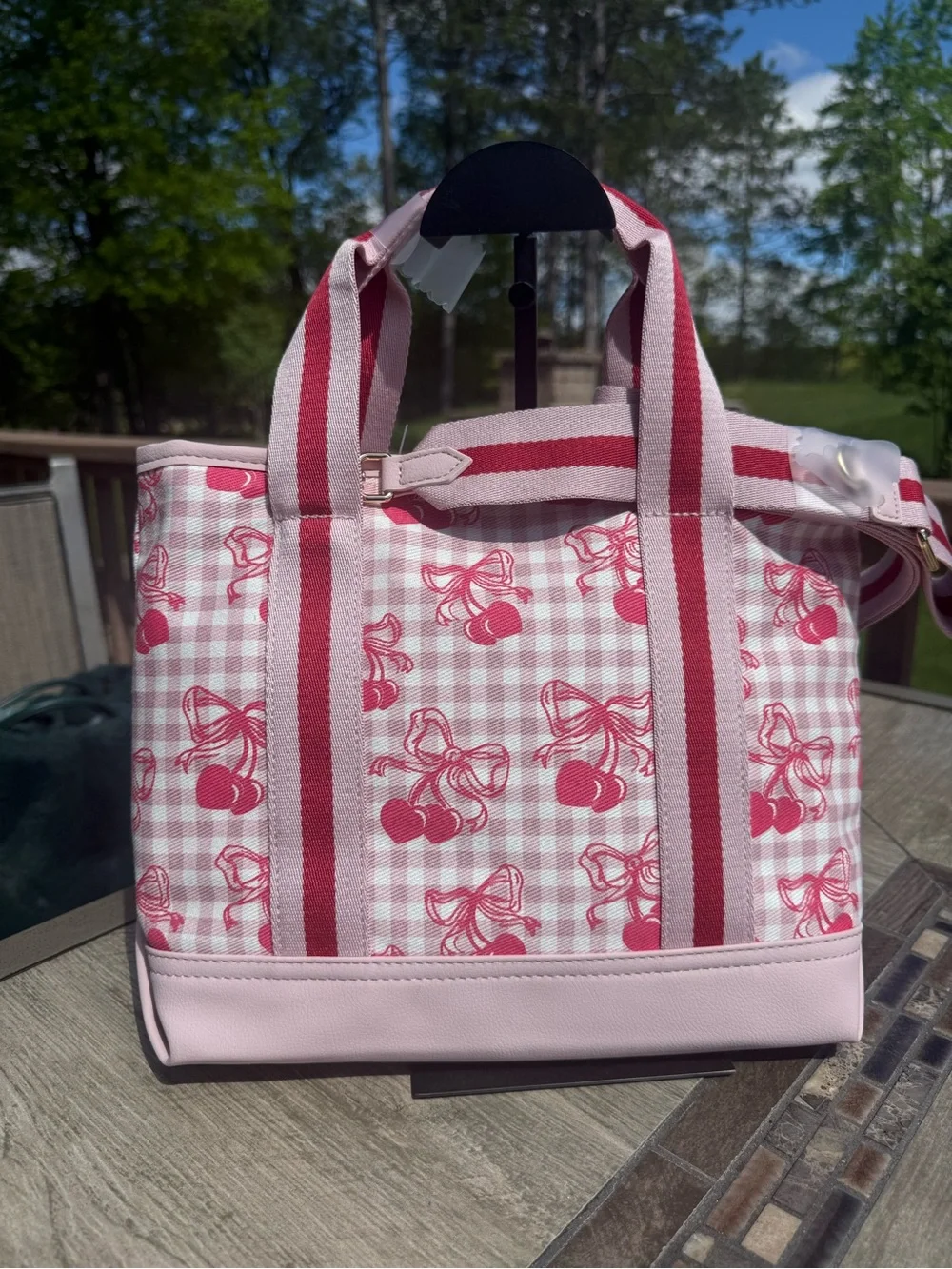NWT Betsy Johnson Cherry Gingham Med Tote Crossbody w/ Charms Bag - Picture 4 of 5